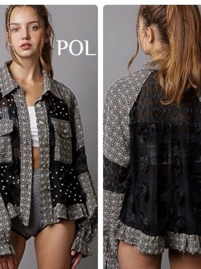 POL Lace Patchwork Pearl Embellished Floral Button Up Jacket